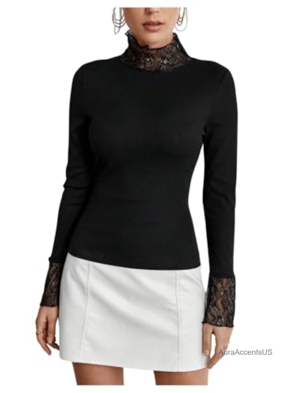 Sheer Floral Lace Trim High Neck Long Sleeve Slim Fit Tee